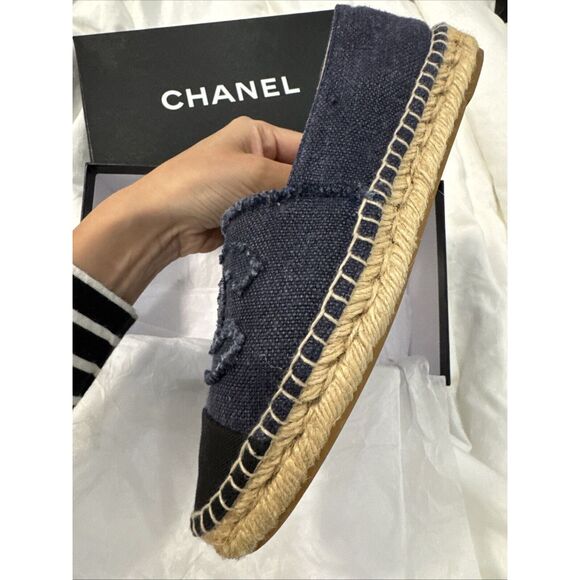 CHANEL logo denim espadrilles Size 39 Blue Black W/box - Picture 7 of 14